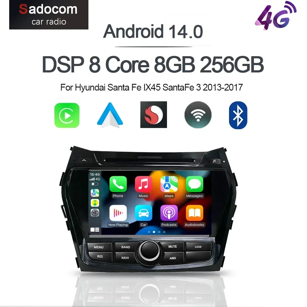 8 "Carplay DSP Auto Player Android 14,0 8Core 12GB + 256G Radio multimedia GPS Wifi Für Hyundai Santa Fe IX45 SantaFe 3 2013-2017 Image