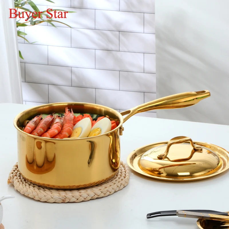 Verdicken Goldene edelstahl Kochendem topf mit deckel küche suppe Milch kochen pan lange anti-wärme griff kochgeschirr für restaurant Image