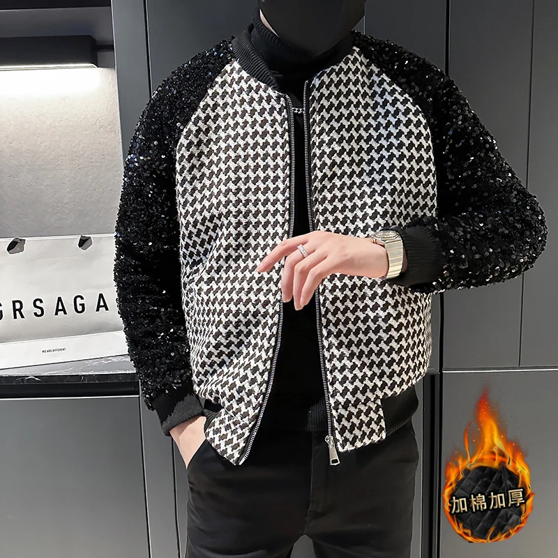 Luxus Pailletten Patchwork Jacke für Männer Winter verdickt und warm Parkas Mantel lässig Social Bomber Jacke Bühne Nachtclub DJ Mantel Image