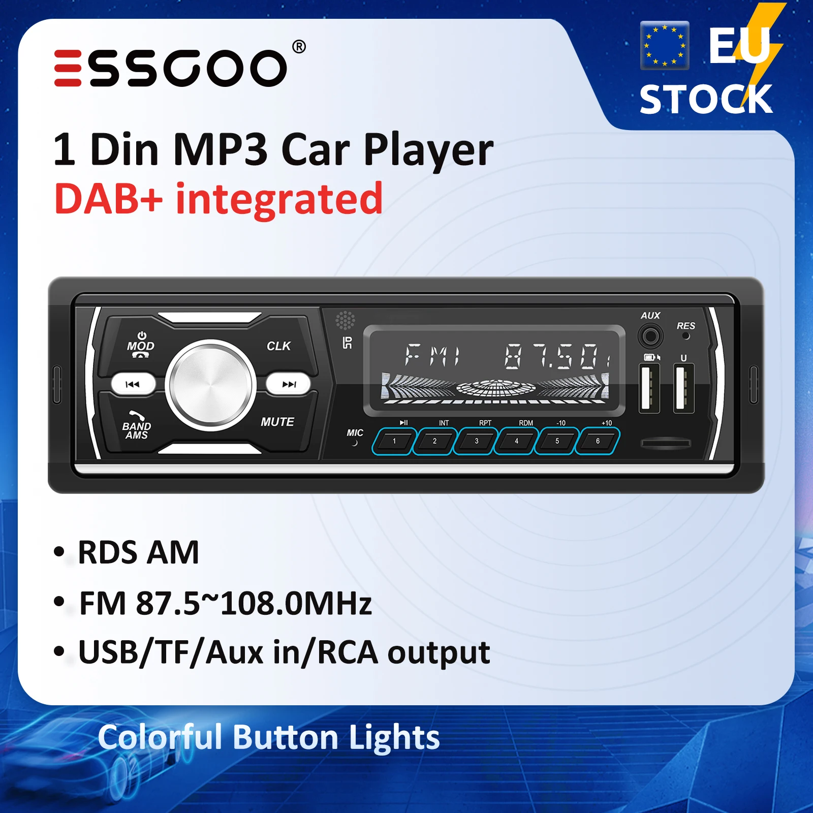 ESSGOO 1 Din DAB DAB+ RDS AM FM Stereo Radio MP3 Auto Player Autoradio 7 Farben Taste Bluetooth Zentrale Multimedia Auto Audio Image