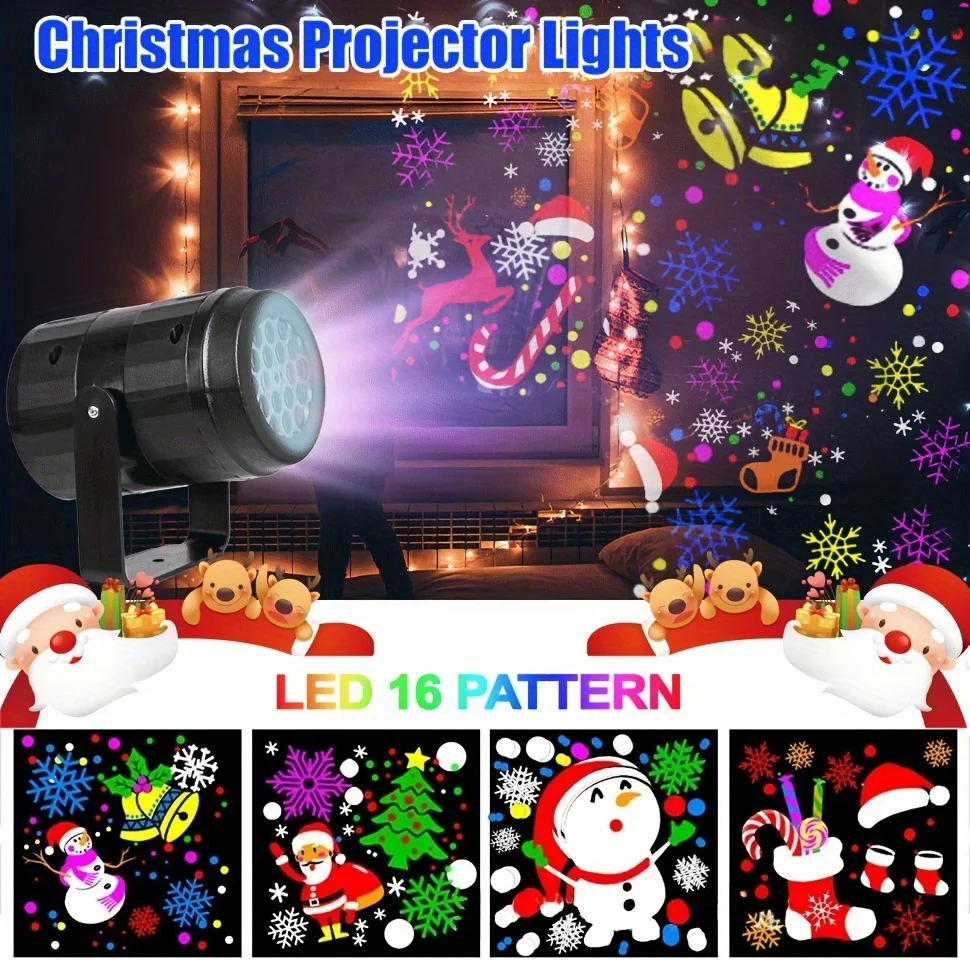 Weihnachtsdekoration, 16 Muster, Projektor, LED-Strahler, Weihnachtsmann/Schneemann, Projektionslicht für Schlafzimmer, Neujahr, Party-Dekoration