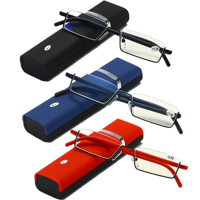 Flexible Halbrahmen-Lesebrille mit Box für Männer und Frauen, tragbare Anti-Blau-Brille, Unisex, Presbyopie-Brille +1,0 bis +4,0 Image
