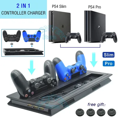 2in1 PS4 Schlank Pro Konsole Kühler Fan Vertikale Stand PS 4 Dual Controller Ladegerät Dock Station