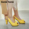Sianie Tianie Sommer Patent Pu Frau High Heels gelb blau rosa Peep Toe Party Schuhe Damen Sling back Sandalen Größe 33-45