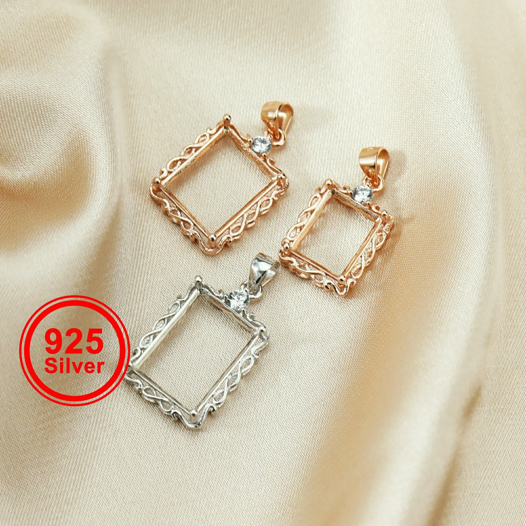 Mehrere Größe Rechteck Rose Gold Silber Edelsteine CZ Stein Lünette Feste 925 Sterling Silber Prong Anhänger Charme Einstellungen 1431036