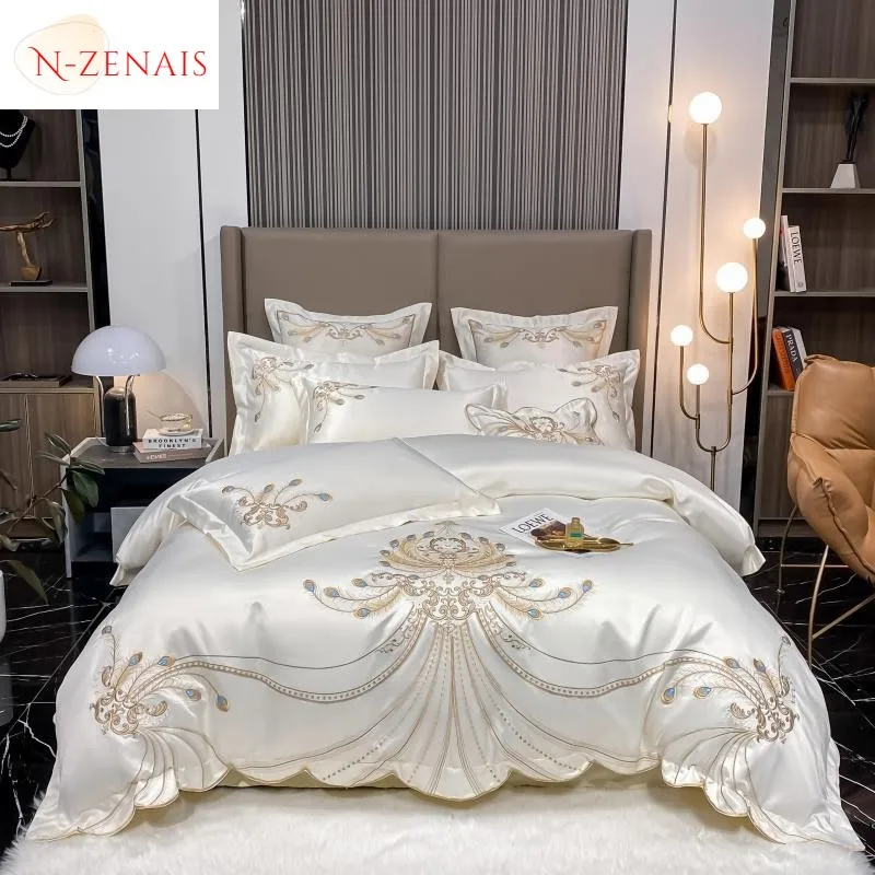 4/6Pcs Weiß Grau Satin Gold Stickerei Luxus Satin Baumwolle Bettwäsche set Doppel Königin König Tröster Abdeckung Bettlaken kissenbezüge Image