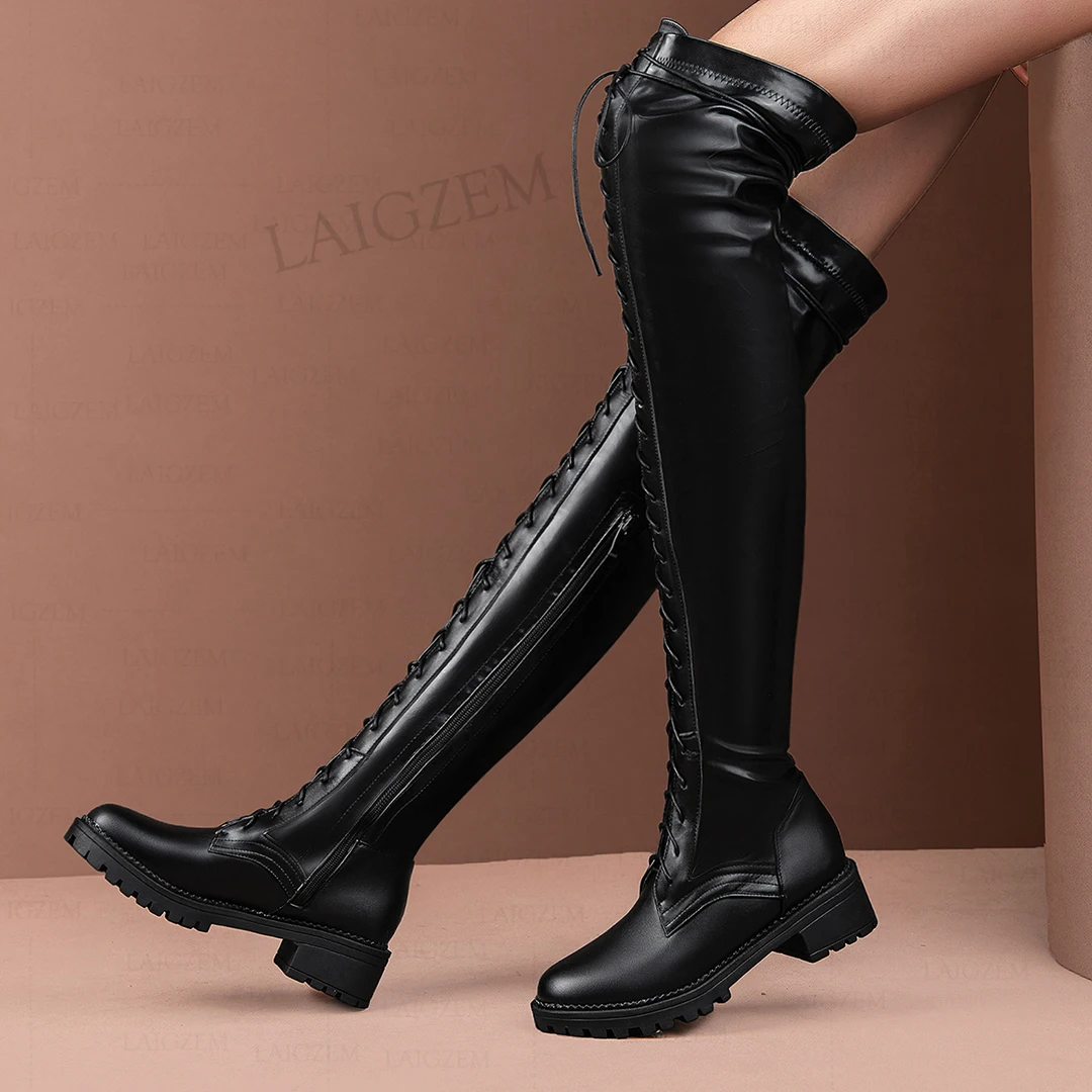 LAIGZEM Damen-Overknee-Stiefel/kniehoch, Kunstleder, breite Wadenfreundlichkeit, mittelhohe Stiefel, seitlicher Reißverschluss, Schuhe für Damen, große Größe 41, 46 50