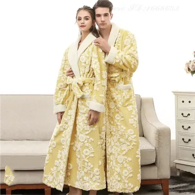 Winter Warme Korallen Fleece Lange Robe Paar Nachtwäsche Dicke Flanell Jacquard Bademantel Image