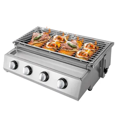 Rauchfreier Grill aus Edelstahl, 4 Brenner, LPG-Gasgrill, Röster, tragbarer BBQ-Grill, abnehmbar, für Terrasse, Garten im Freien