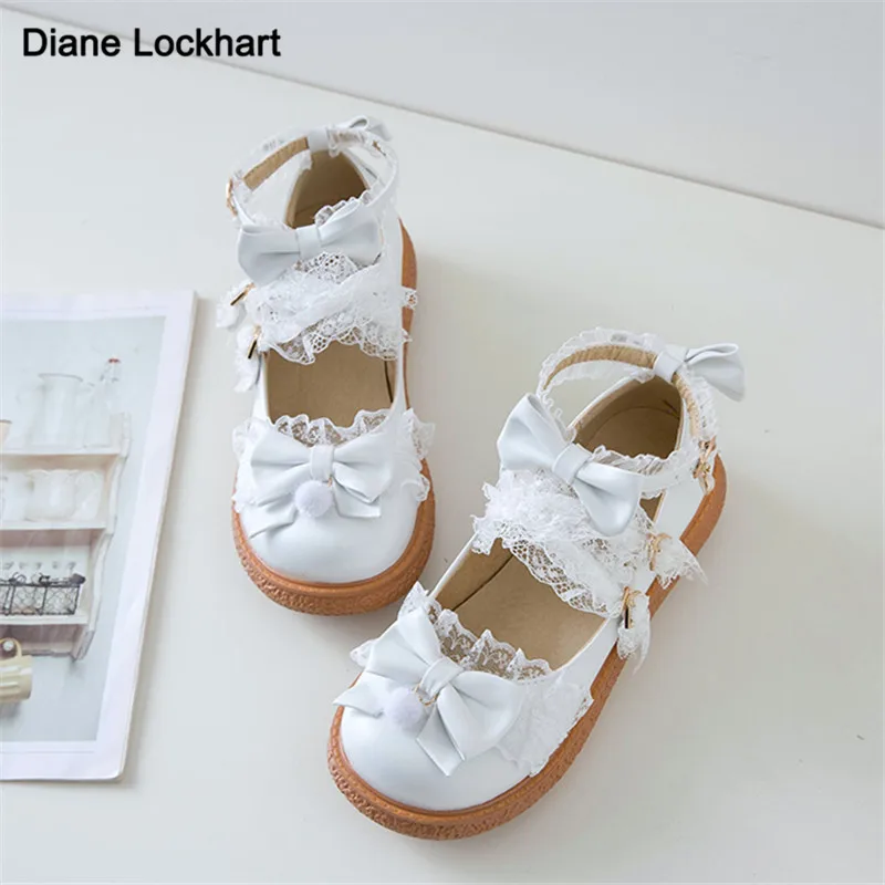 Frühling Weiße Lolita Schuhe Bogen Mary Janes Schuhe für Frauen Nette Spitze Flache Schuhe Ballerina Damen Foowear Rosa Cosplay Größe 31-43