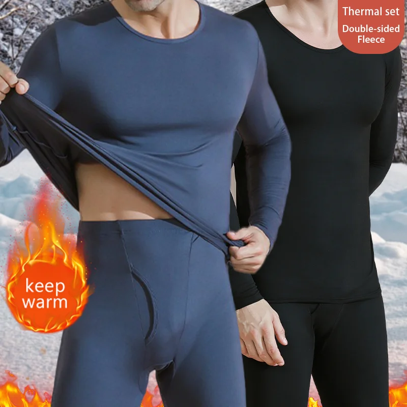 Winter-Thermo-Unterwäsche-Set für Herren, Rundhalsausschnitt, lange Unterhosen, doppelseitig gebürsteter Stoff oben und unten, warm halten, weiche Kleidung, Pyjamas Image