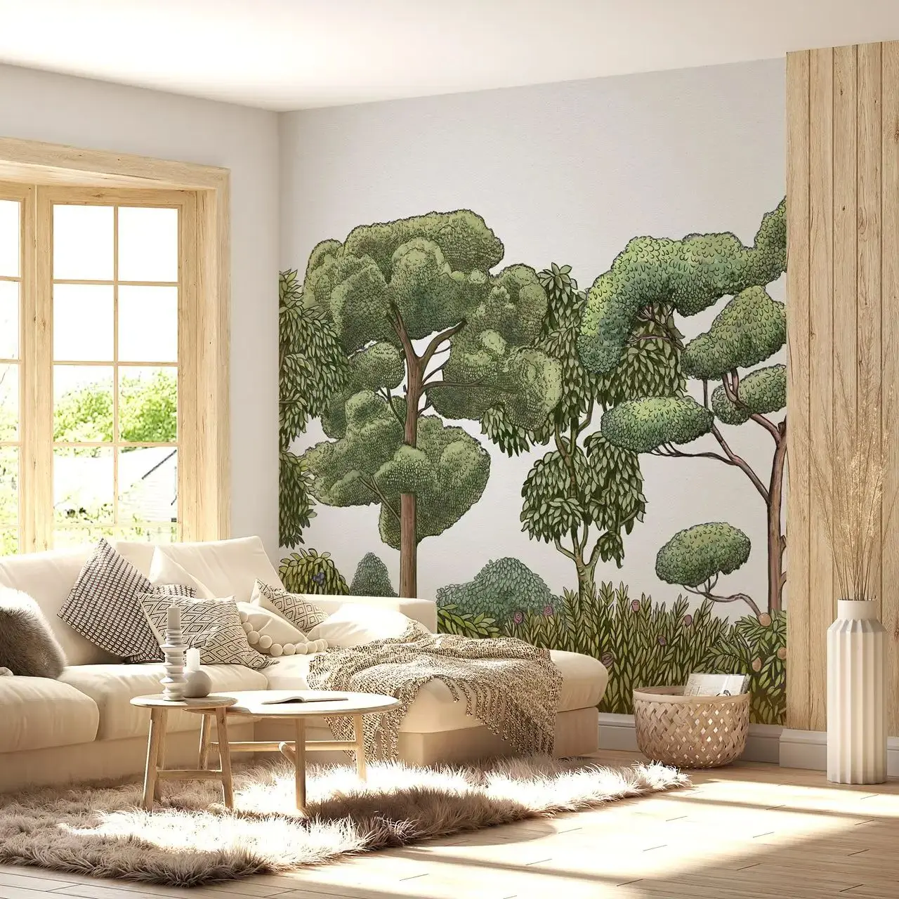 Grünwald natürliche Panorama tapete, pflanzliche Landschaft Tapete mit hand gezeichneten Wald, Büsche in der Natur grün für Kinder