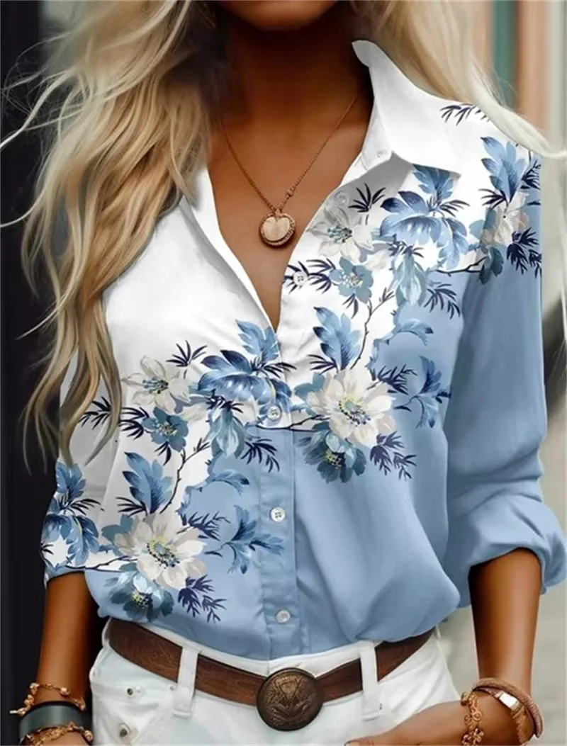 Mode frauen Shirts Casual Blusen Blau Blumen Druck Hemd 2024 Neue Herbst Große Größe Weibliche Kleidung Temperament Bluse Top