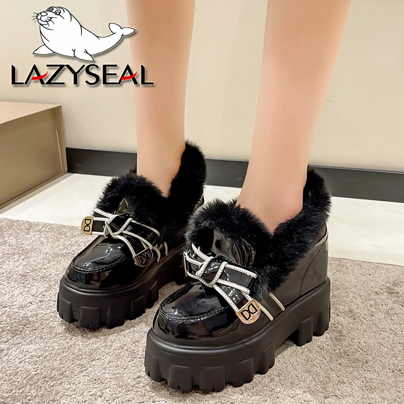 Lazyseal Bogen Winter Frauen Müßiggänger 6 cm Keil Pelz Warme Plüsch Futter Patent Leder Damen Schuhe Höhe Zunehmende Casual schuhe