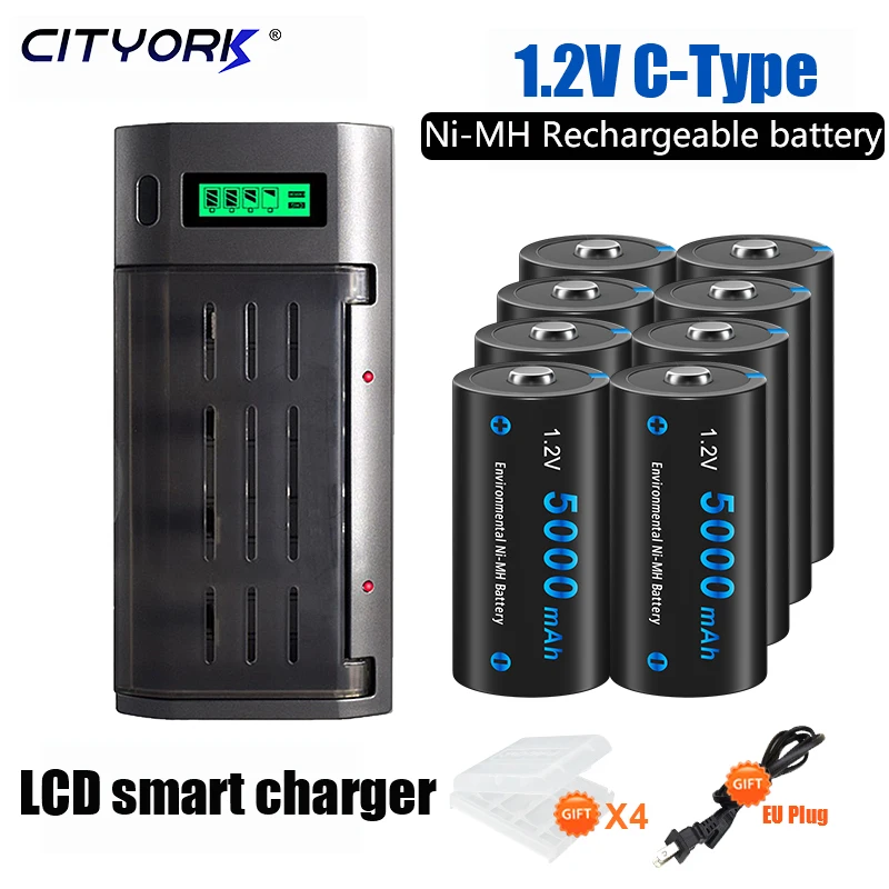 CITYORK 1,2 V C-Größe wiederaufladbarer Akku 5000 mAh R14 C-Akku mit hoher Kapazität und LCD-Ladegerät für C D AA AAA 9 V Image