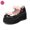 Frühling Frauen Nette Bogen Plattform Lolita Schuhe Gurt Cosplay Keile Dicke Sohle Pumpen JK Uniform Schwarz Braun Weiß Plus Größe 34-48