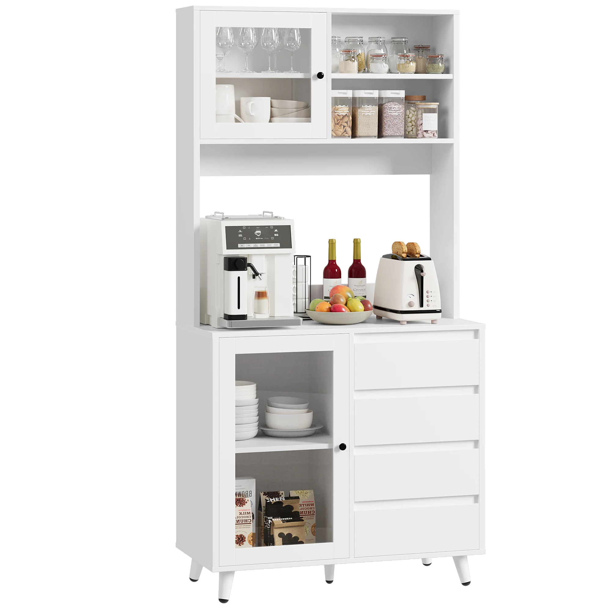 Getone Küchenbuffet Buffetschrank Küchenschrank, Vitrinenschrank Weiß, mit 4 Schubladen,Glastüren, Arbeitsplatte,180x80x40cm