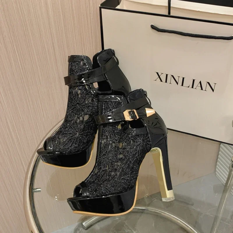 Klassische Sandalen Stiefel Sexy Hohl Frauen High Heels Mesh Nude Stiefel Stiletto Heels Dicke Sohle Frauen Schuhe 2025, Neue Zapatos Mujer