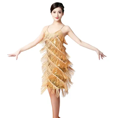 Women Latin Dance Dress Tassels Figure Skating Dress V-neck Sequined Fringed Party Dance Costume