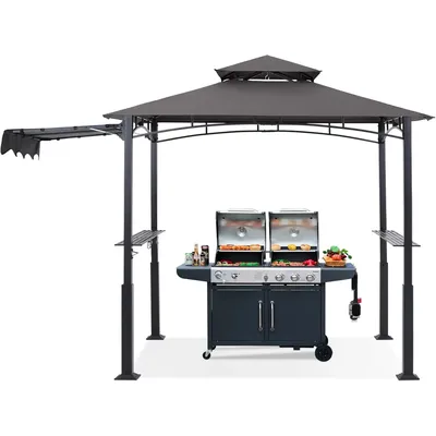 8x5" Double Tiered Grill Gazebo Outdoor BBQ Gazebo Shelter with LED Light & Extra Shadow 170Gpa