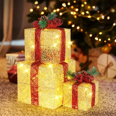 3pcs 10 inch-8 inch-6 inch Golden Gift Box Garden Gift Box Decoration 5M Long Power Cord