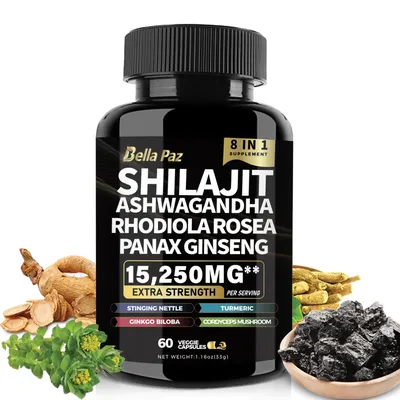 BellaPaz Shilajit 9000 with Panax Ginseng 1500mg, Ashwagandha 2000mg, Rhodiola Rosea 1000mg, and