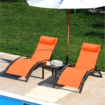 AthLike 3pcs Poolchairs Patio Chaise Lounge Set with Headrest, 5-Level Adjustable Sunbathing Tanning