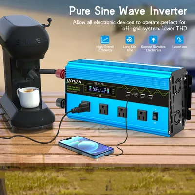 6000W Power Inverter LVYUAN Pure Sine Wave DC12V DC24V to AC 110V 4*USA Socket LCD Display Smart