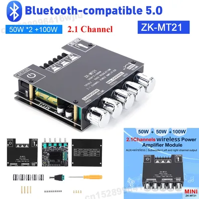 ZK-MT21 2.1 Channel 2*50W+100W Digital Power Amplifier Board Audio Stereo BT5.0 Bass AMP AUX 12/24V