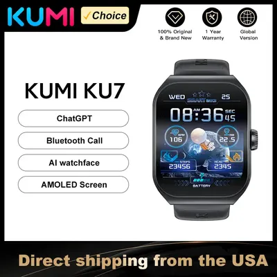 KUMI KU7 1.96-inch Amoled Curved Screen ChatGPT Bluetooth Call5.2 IP68 waterproof 100+ Sports modes