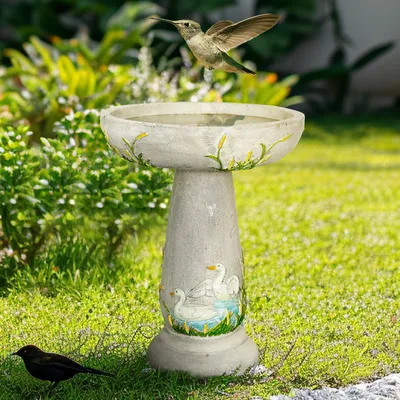 22.2 ''H Elegant Outdoor Bird Bath with Hand Painted Swan Pattern - Sturdy and Artistic Birdhouse