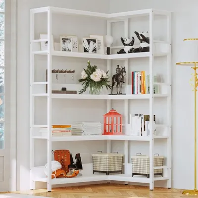 Industrial Bookshelves Five Tiers Corner Bookcases with Baffles Etagere Shelf Storage Rack Metal