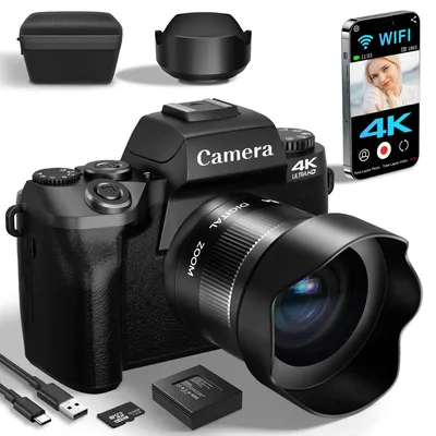 Digital Camera for Photography, 4K 64MP WiFi Vlogging Camera with Flash, Lens Hood, Front and Rear