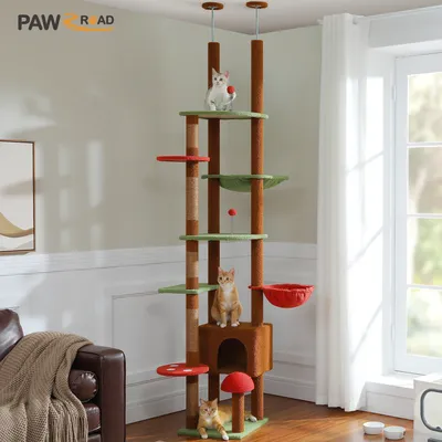Adjustable 230-252cm Cat Tree, Floor to Ceiling Cat Condo, Hanging Ball,5 Scratching Posts,Hammock,