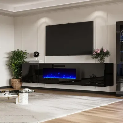 Floating Fireplace TV Stand, Wall Mounted Mirrored Entertainment Center 40" Electric ,LED Lights