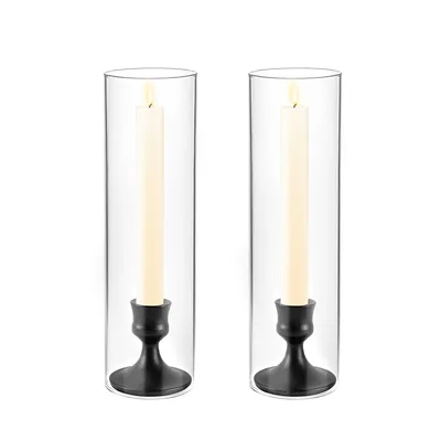 Hurricane Glass Cone Candlestick: 2 Candlesticks with Glass Lid Hurricane Glass Black Candlestick,