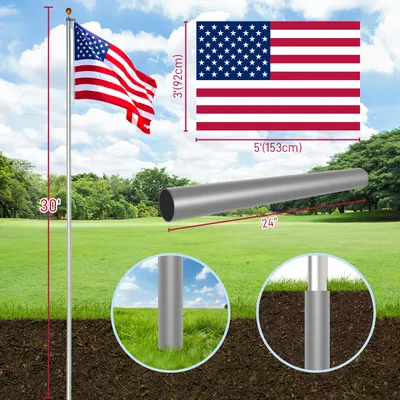 Flag Pole Kit for Outside House in Ground, 30FT Sectional Aluminum Extra Thick Flagpole, 5x3 US