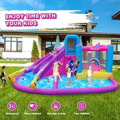 Inflatable Bounce House Water Slide Park, Double Slide Bouncer Castle with Climbing Wall, Bouncy