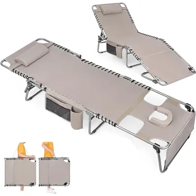 Heavy Duty Tanning Chair Face Hole Adjustable 5-Position Folding Chaise Lounge Chairs Outside