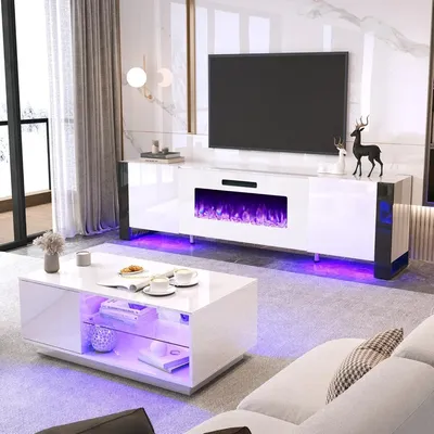 3 Piece Living Room Table Sets, 70" Modern High Gloss TV Stand LED Lights, 36" Electric Fireplace,