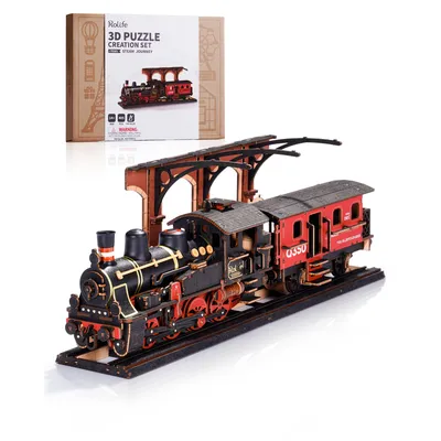 Robotime Rolife Steam Journey 3D Wooden Puzzle Traditional Train Model Pre-colored Design Wood Easy