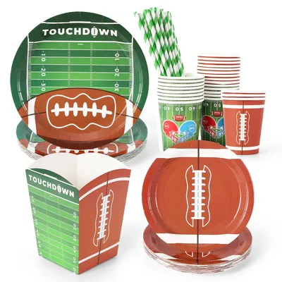 125 Pcs Football Disposable Tableware Set Football Party Decorations Includes Plates, Cups, Snack