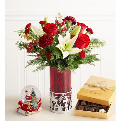 1-800-Flowers Flower Delivery Christmas Elegance Bouquet W/ Santa Vase, Snow Globe & Godiva Chocolate