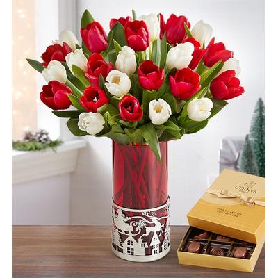 1-800-Flowers Flower Delivery Merry & Bright Tulips W/ Santa Vase & Godiva Chocolate