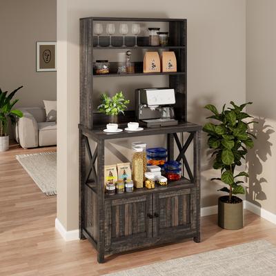 Baker's Rack Coffee Bar Cabinet Microwave Stand Rustic With Power Outlet