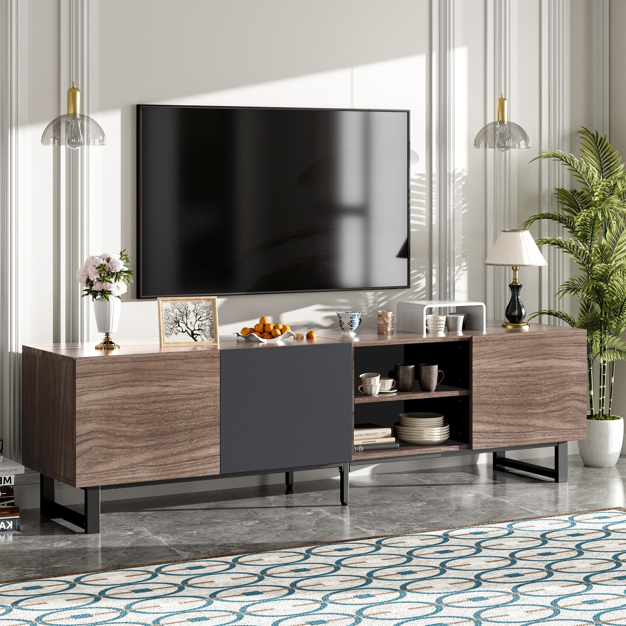 Modern TV with 3 Cabinets & Open Shelves, Media Console Table with Drop Down Door for TVs up to 80'' for Living Room