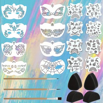 TEMU 23-piece Face Painting Stencil Kit With Reusable Pet Templates, Includes 16 Designs, 3 Brushes, 4 Sponges For Parties, Diy, , Christmas