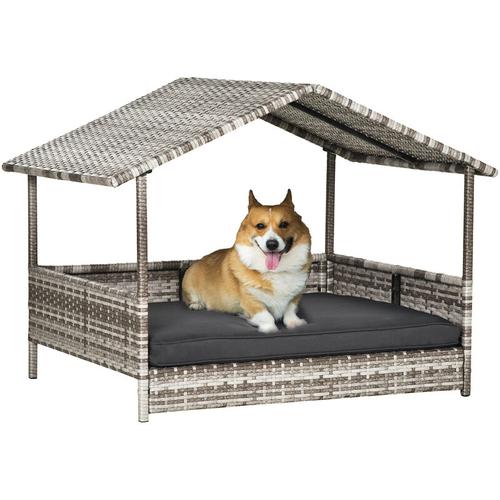 Rattan Hundehaus mit Kissen, Hundebett im Hausform, Outdoor Hundehütte, Stahlrahmen, Kunststoff,