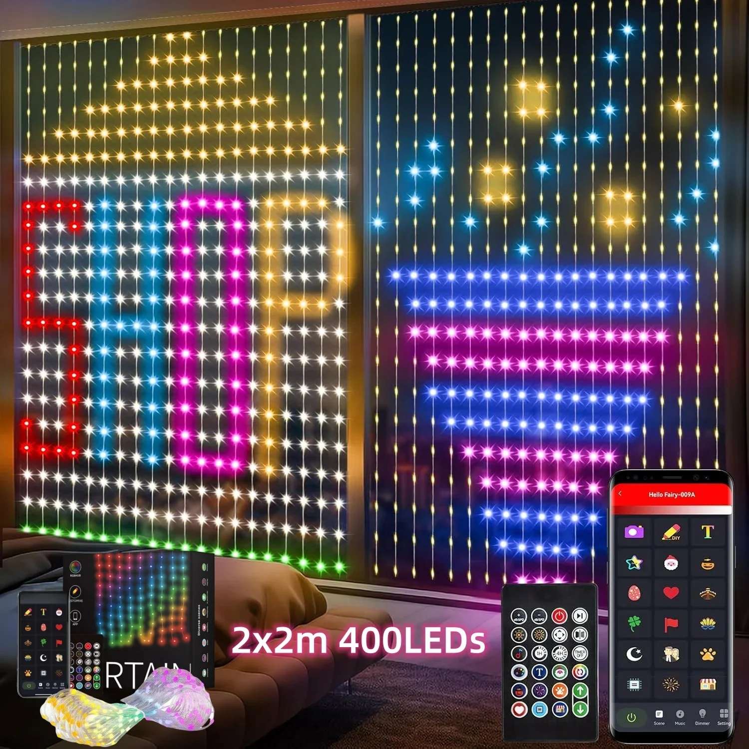 Rideau lumineux intelligent à 400led, guirlande lumineuse de noël à couleur changeante RGBIC, motifs de bricolage à intensité variable avec musique pour chambre à coucher et cour