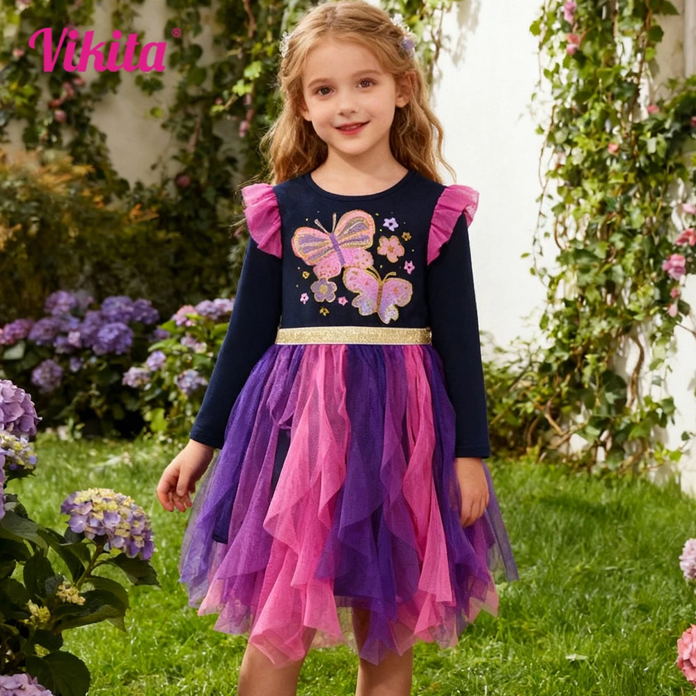 VIKITA Mädchen Herbst Frühling Tutu Mesh Kleid Kinder Schmetterling Blume Drucken Unregelmäßige Kleider Mädchen Geburtstag Party Prinzessin Vestidos Image